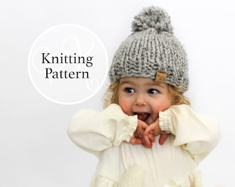 May include: A grey knitted hat with a pom-pom, worn by a child. The hat has a small brown tag that says "Honey". The words "Knitting Pattern" are in a white circle in the background.