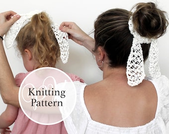 Hair Scarf Knitting Pattern, Knit Hair Bow Instant Download
