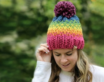 Rainbow Hat, Knitted Hat, Pom Pom, Pride- Ellicott Hat