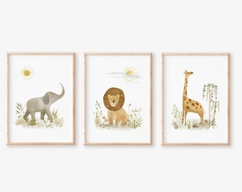 Safari Animal Baby Peekaboo Nursery wall art set of 5 framed prints 