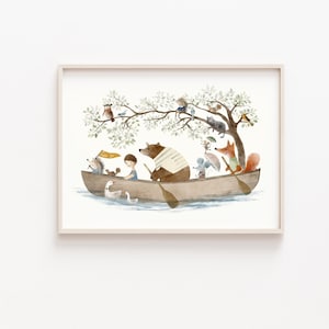 bear canoe, woodland nursery decor, woodland art prints, nursery decor, woodland animal prints, woodland artwork, woodland nursery prints