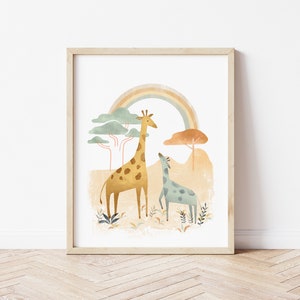 May include: A digital illustration of two giraffes standing in a field with a rainbow in the background. The giraffes are facing each other and have a light brown and blue color scheme. The background is a light brown color with green trees and a light blue sky.