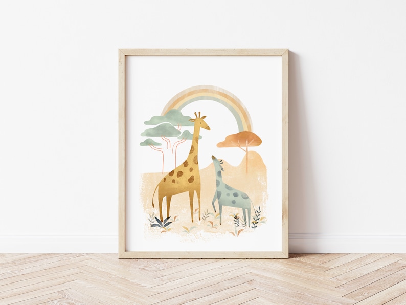 May include: A digital illustration of two giraffes standing in a field with a rainbow in the background. The giraffes are facing each other and have a light brown and blue color scheme. The background is a light brown color with green trees and a light blue sky.