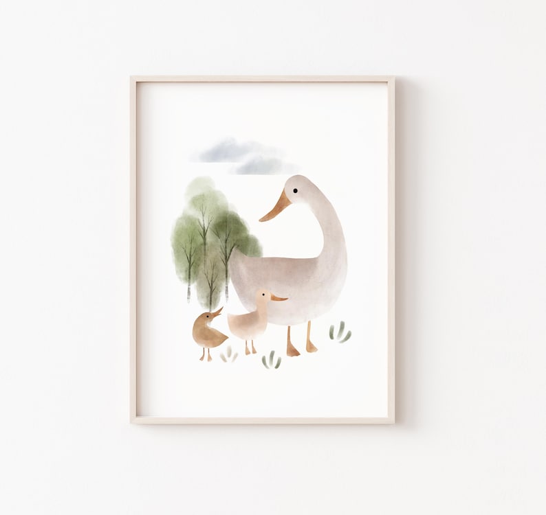May include: A watercolor illustration of a mother duck and two ducklings. The ducks are light brown and gray, and they are standing in a field with green trees and a blue sky.