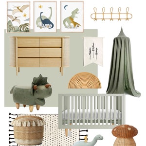May include: A green and brown dinosaur nursery with a crib, a changing table, a rocking dinosaur, a mushroom-shaped basket, and a dinosaur-shaped ottoman. The nursery also features a green canopy, a wooden rainbow arch, and three framed prints of dinosaurs.