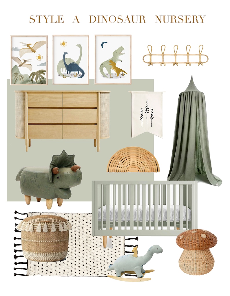 May include: A green and brown dinosaur nursery with a crib, a changing table, a rocking dinosaur, a mushroom-shaped basket, and a dinosaur-shaped ottoman. The nursery also features a green canopy, a wooden rainbow arch, and three framed prints of dinosaurs.