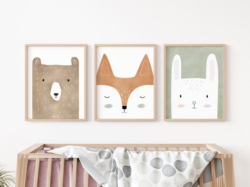 boskunstafdrukken, boskwekerijdecor, bosdierenprint, boskunst voor kinderkamer, boskwekerijkunst, kinderkamerafdrukken set of 3 (bear)