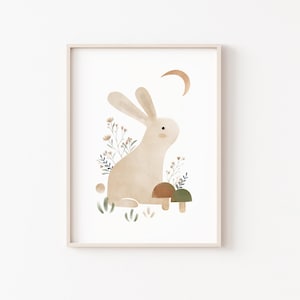 May include: A watercolor illustration of a beige rabbit sitting in a field of green and brown mushrooms with a crescent moon in the background.