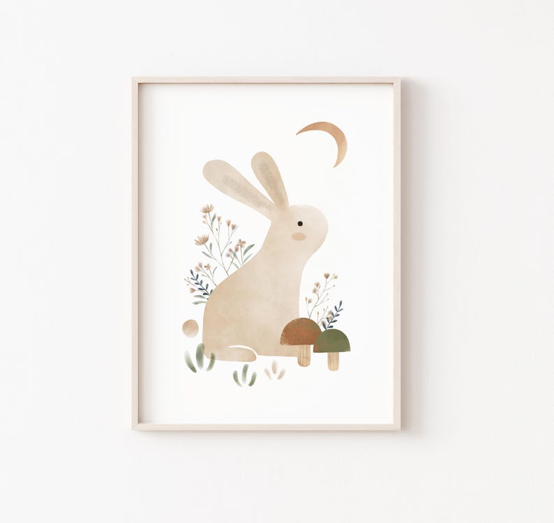 May include: A watercolor illustration of a beige rabbit sitting in a field of green and brown mushrooms with a crescent moon in the background.