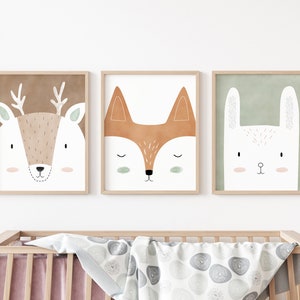 boskunstafdrukken, boskwekerijdecor, bosdierenprint, boskunst voor kinderkamer, boskwekerijkunst, kinderkamerafdrukken set of 3 (deer)