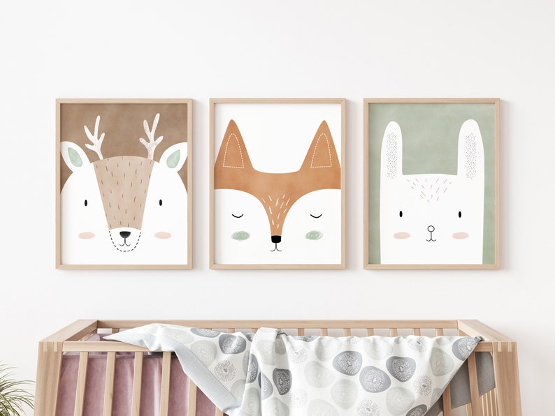 boskunstafdrukken, boskwekerijdecor, bosdierenprint, boskunst voor kinderkamer, boskwekerijkunst, kinderkamerafdrukken set of 3 (deer)