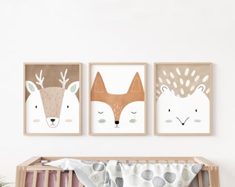 stampe d'arte del bosco, decorazioni per camerette dei bambini nel bosco, stampe di animali del bosco, arte del bosco per la cameretta dei bambini, arte del bosco per camerette dei bambini, stampe per camerette dei bambini