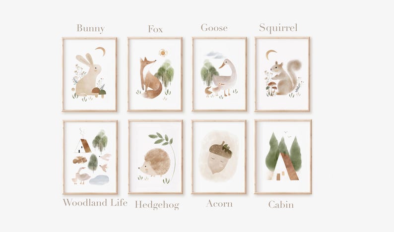 May include: Set of eight watercolor illustrations featuring woodland animals and nature scenes. The prints include a bunny, fox, goose, squirrel, woodland life, hedgehog, acorn, and cabin.
