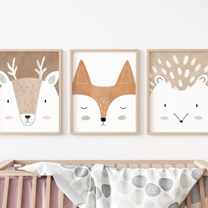 boskunstafdrukken, boskwekerijdecor, bosdierenprint, boskunst voor kinderkamer, boskwekerijkunst, kinderkamerafdrukken deer + hedge + fox