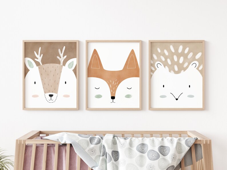 boskunstafdrukken, boskwekerijdecor, bosdierenprint, boskunst voor kinderkamer, boskwekerijkunst, kinderkamerafdrukken deer + hedge + fox