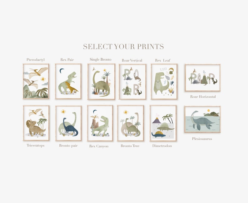 May include: A set of 12 printable dinosaur illustrations, featuring various dinosaurs, including a pterodactyl, a brontosaurus, a triceratops, and a plesiosaurus. The illustrations are in a watercolor style and feature a muted color palette of greens, browns, and blues.