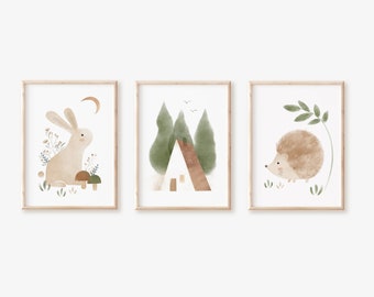 stampe d'arte del bosco, decorazioni per camerette dei bambini nel bosco, stampe di animali del bosco, arte del bosco per la cameretta dei bambini, arte del bosco per camerette dei bambini, stampe per camerette dei bambini