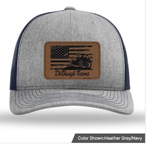 Richardson Trucker Hat w/ Laser Engraved Patch - American Flag, Farm Name & Tractor, Cow, Sheep, Chicken, Goat or other farm logo