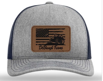 Richardson Trucker Hat w/ Laser Engraved Patch - American Flag, Farm Name & Tractor, Cow, Sheep, Chicken, Goat or other farm logo