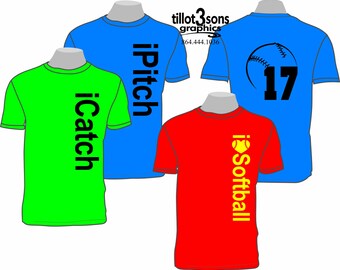 iPitch, iCatch, or I love softball shirts with jersey number - any sport can be substituted! soccer, tennis, lacrosse, football, basketball