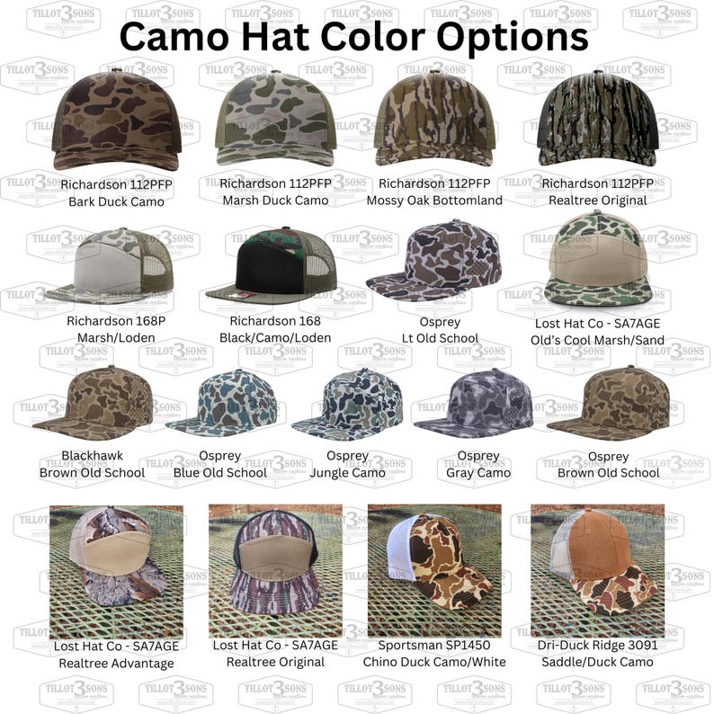 Puede incluir: Una selecci&oacute;n de gorras de camuflaje en varios patrones y estilos. Las gorras est&aacute;n dispuestas en filas y etiquetadas con sus nombres y patrones de camuflaje, como Bark Duck Camo, Marsh Duck Camo, Mossy Oak Bottomland, Realtree Original, y m&aacute;s.