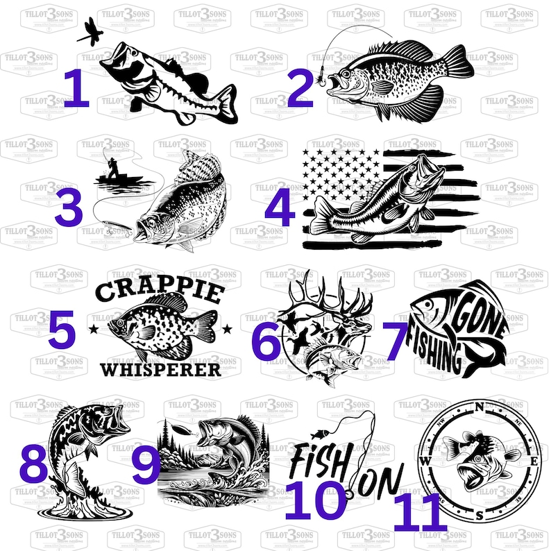 Puede incluir: Un conjunto de 11 ilustraciones de tem&aacute;tica de pesca en blanco y negro. Las ilustraciones incluyen una variedad de peces, un pescador, un ciervo, una br&uacute;jula y texto que dice "Gone Fishing" y "Fish On".