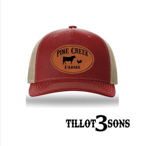 Personalized Richardson Trucker Style Hat with Laser Engraved Leather Patch with Farm Name & Logo