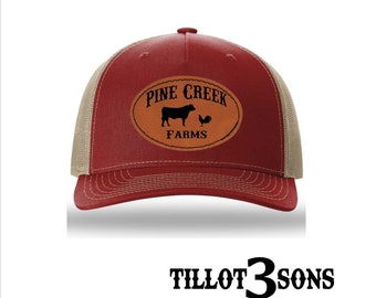 Personalized Richardson Trucker Style Hat with Laser Engraved Leather Patch with Farm Name & Logo