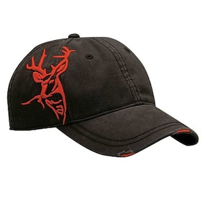 May include: A black baseball cap with a red embroidered deer design. The cap has a distressed look with a frayed edge on the brim.