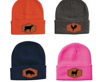Sportsman Knit Beanie hat with laser engraved leatherette patch with farm animals - cow, bull, hog, chicken, rooster, goat