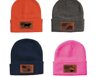 Sportsman Knit Beanie/Skull hat with laser engraved patch American Flag with tractor, equipment or farm animal