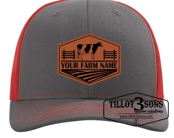 Farm Name & Livestock animal or other farm logo on a Richardson Trucker Hat w/ Laser Engraved Patch applied to the front