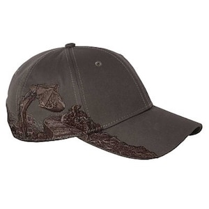 May include: A dark gray baseball cap with a brown embroidered design of a deer head and antlers on the front and side panels.