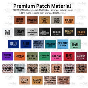 Puede incluir: Un gr&aacute;fico que muestra 36 colores y patrones diferentes de material de parche de imitaci&oacute;n de cuero. El gr&aacute;fico est&aacute; etiquetado como "Premium Patch Material" e incluye el texto "PREMIUM leatherette is 30% thicker, stronger adhesive and 100% more reliable than standard leatherette".