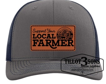 Support Your Local Farmer logo on a Richardson Trucker Hat w/ Laser Engraved Patch applied to the front