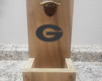 Show your team spirit! Handmade wooden bottle cap catcher with bronze stainless steel opener - your favorite sports team logo laser engraved