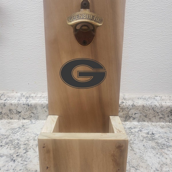 Show your team spirit! Handmade wooden bottle cap catcher with bronze stainless steel opener - your favorite sports team logo laser engraved