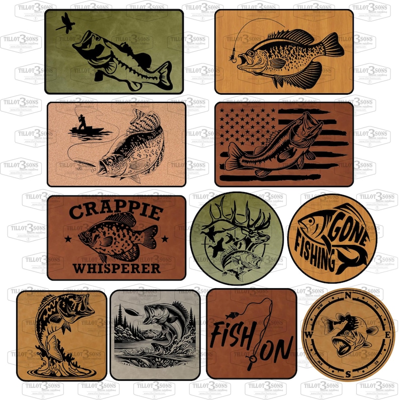 Puede incluir: Un conjunto de diez dise&ntilde;os digitales imprimibles con varias ilustraciones de tem&aacute;tica de pesca. Los dise&ntilde;os incluyen una lubina, una perca, un ciervo, una br&uacute;jula y una ca&ntilde;a de pescar. Los dise&ntilde;os son de estilo r&uacute;stico con colores marrones y verdes.