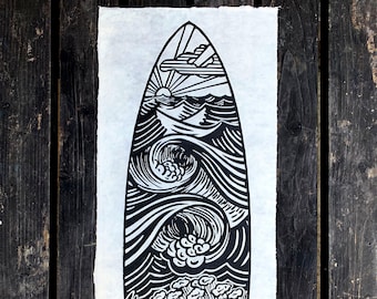 Linocut Print - Pintail Surfboard Linocut