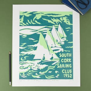 Linocut Print - South Cork Sailing Club - Sailing Print - Home Decor