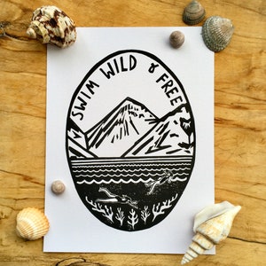 Swim Wild and Free Linocut Print – Original Hand-Printed Art