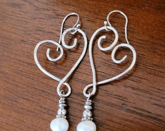 Hammered Sterling Silver Heart Earrings with Freshwater Pearl Dangle