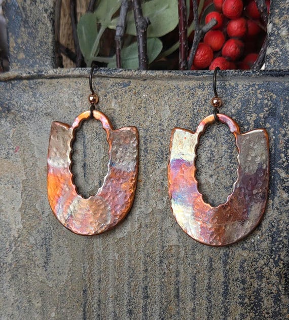 Flame Painted Copper Earrings: Hammered Niobium Earwires