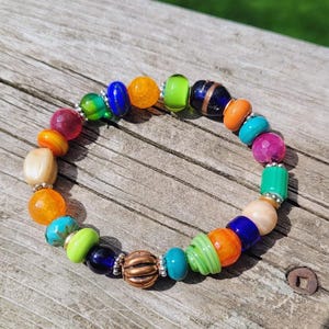 Colorful Beaded Bracelet, Stretch Bracelet, Gemstone, Glass Lampwork Beads, Metal Beads, Multi Colored Stretch Everyday Bracelet, Gift Box