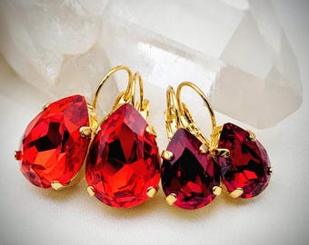 Red Crystal Teardrop Earrings: Yellow Gold Leverback, Siam Red