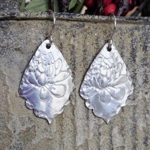 Pewter Lotus Dangle Earrings: Sterling Silver Lever Backs or Hook, Gift