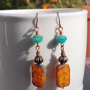 Burnt Orange and Turquoise Czech Earrings Boho Colorful Copper Ear wires, Orange and Turquoise Earrings, Gift Earrings, Everyday Earrings