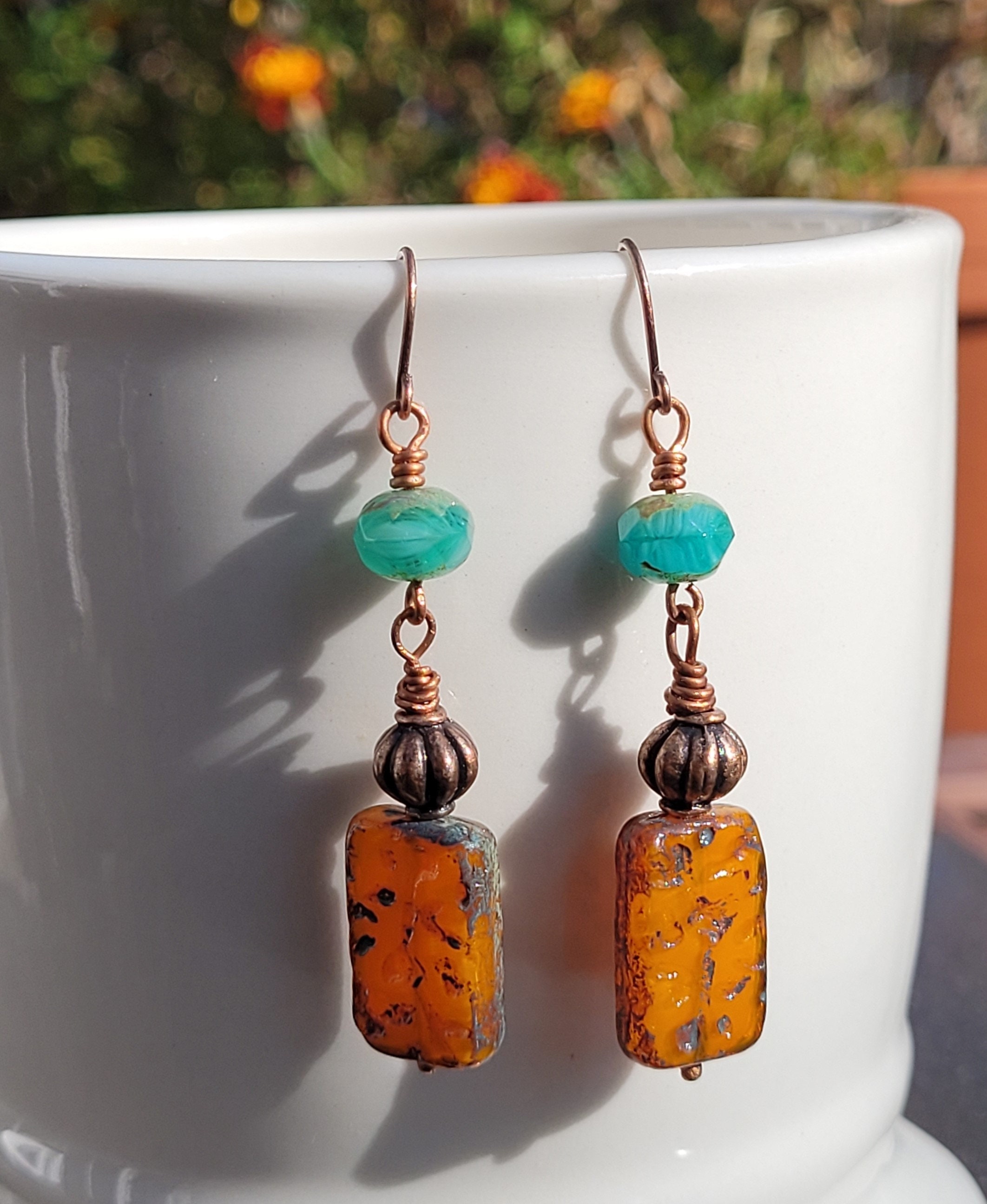 Burnt Orange and Turquoise Czech Earrings Boho Colorful Copper Ear wires, Orange and Turquoise Earrings, Gift Earrings, Everyday Earrings