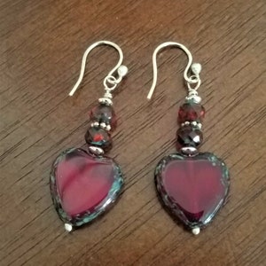 Red Heart Czech Beaded Earrings With Sterling Silver, Dangle Heart ...
