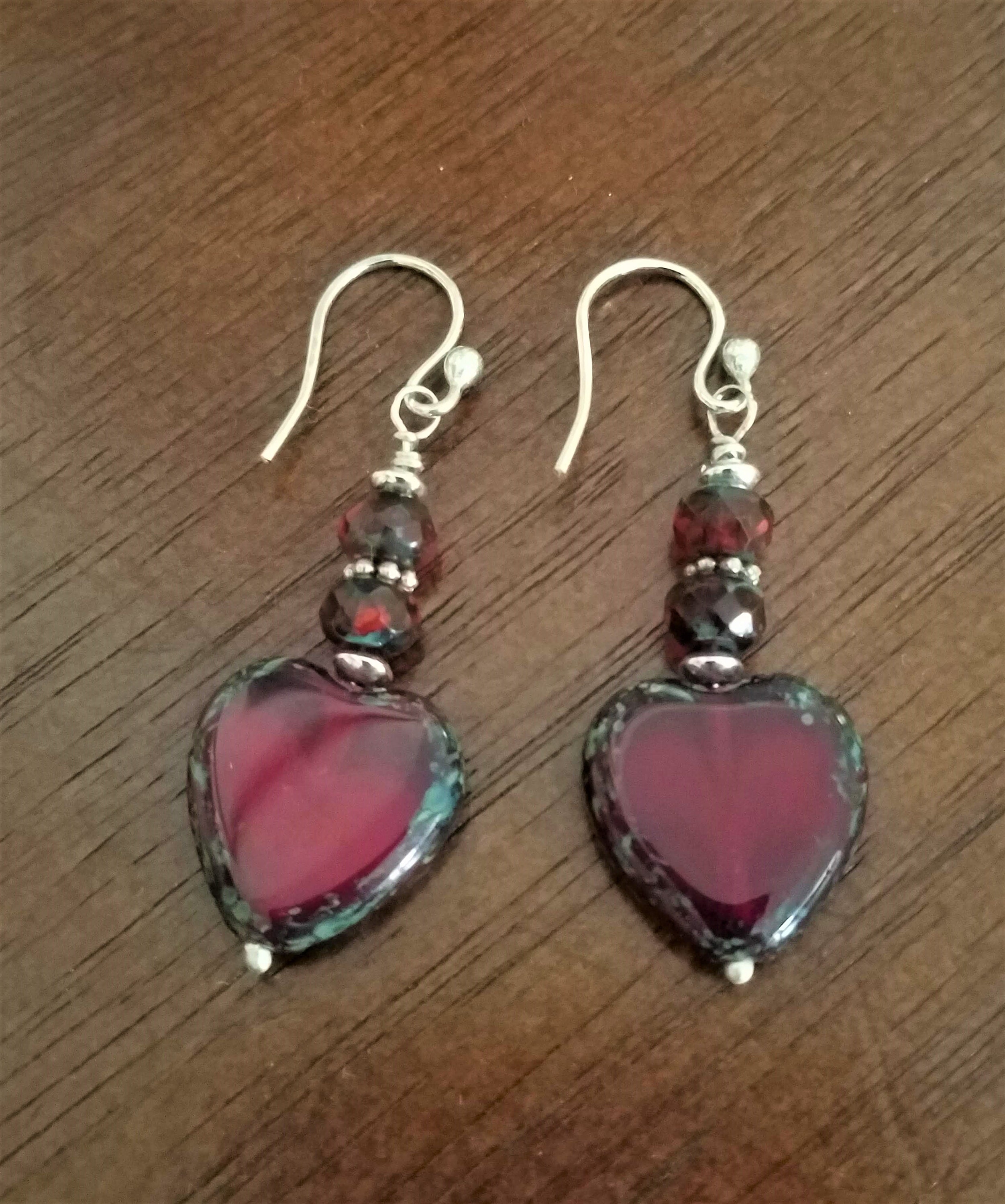 Red Heart Czech Beaded Earrings With Sterling Silver, Dangle Heart ...